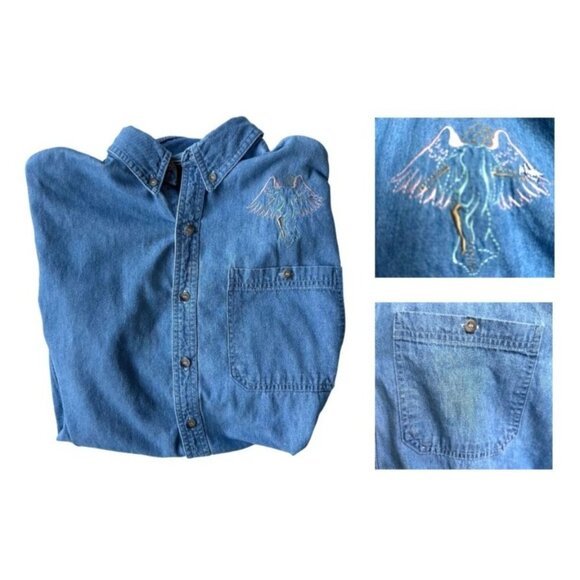 VTG Fox Hill Angel Button Down Denim Shirt Medium Embroidered Long Sleeves READ - Picture 5 of 12